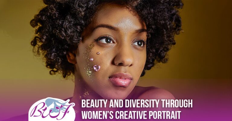 beautiful black woman posing for a portrait with hearts and glitters on her face, Beauty and Diversity Through Women’s Creative Portrait